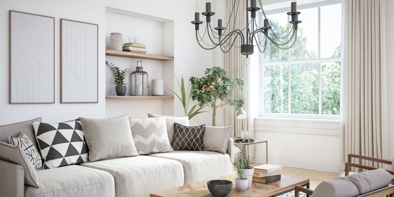 Scandinavian interior design living room 3d render with beige colored furniture and wooden elements